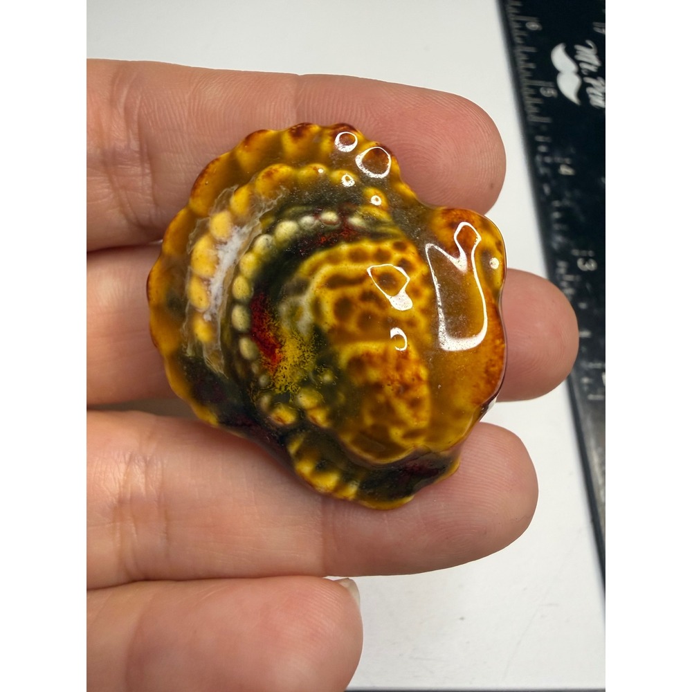 Handmade Ceramic Abstract Shell Brooch Pin Glossy Amber Yellow Green Glaze